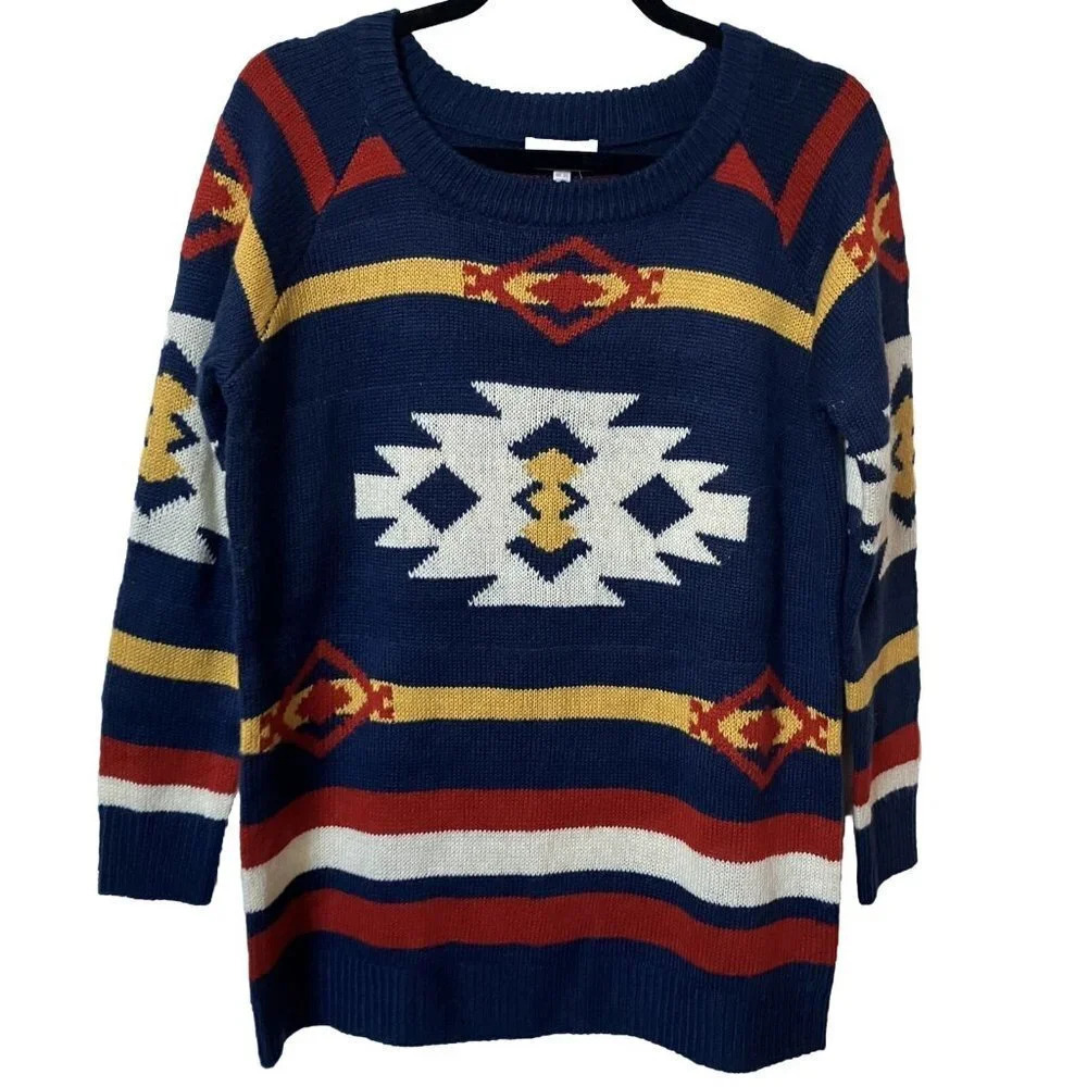 Apricot Blue Southwestern Knit Long  Line Sweater‎